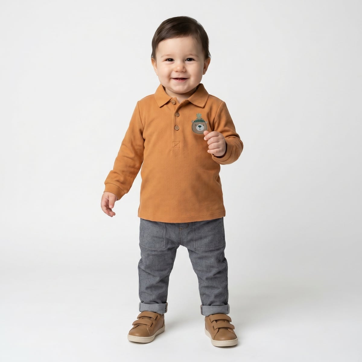Baby Boys Rust Brown Cotton Blend Bear Embroidered Textured Full Sleeve Polo T-Shirt Regular Fit Casual Wear