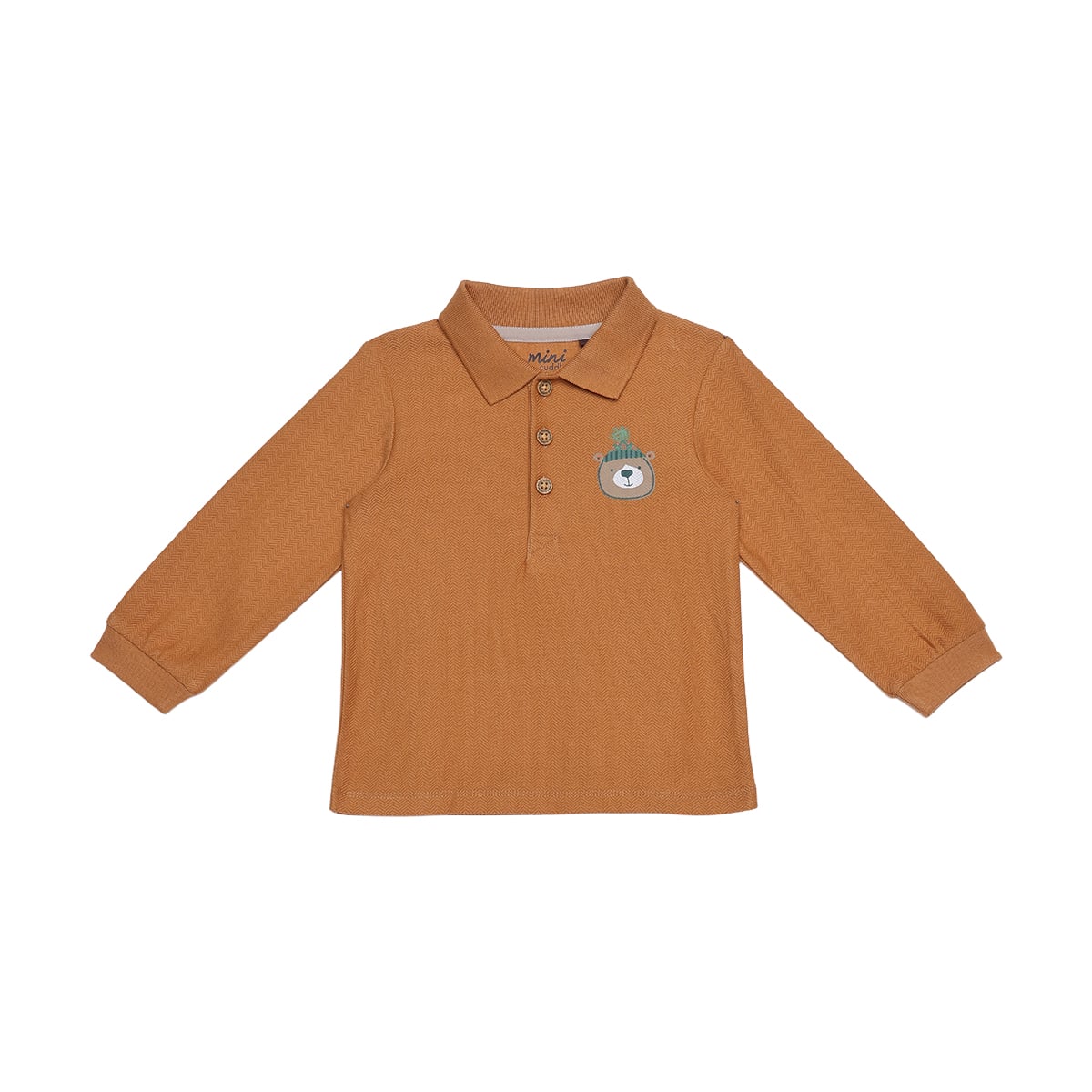 Baby Boys Rust Brown Cotton Blend Bear Embroidered Textured Full Sleeve Polo T-Shirt Regular Fit Casual Wear