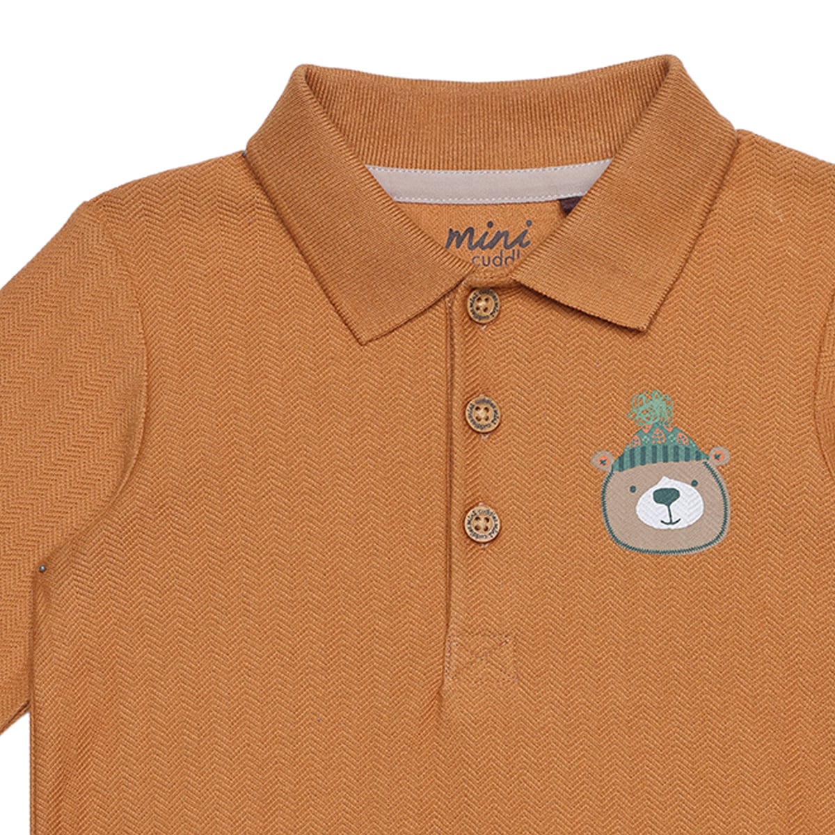 Baby Boys Rust Brown Cotton Blend Bear Embroidered Textured Full Sleeve Polo T-Shirt Regular Fit Casual Wear