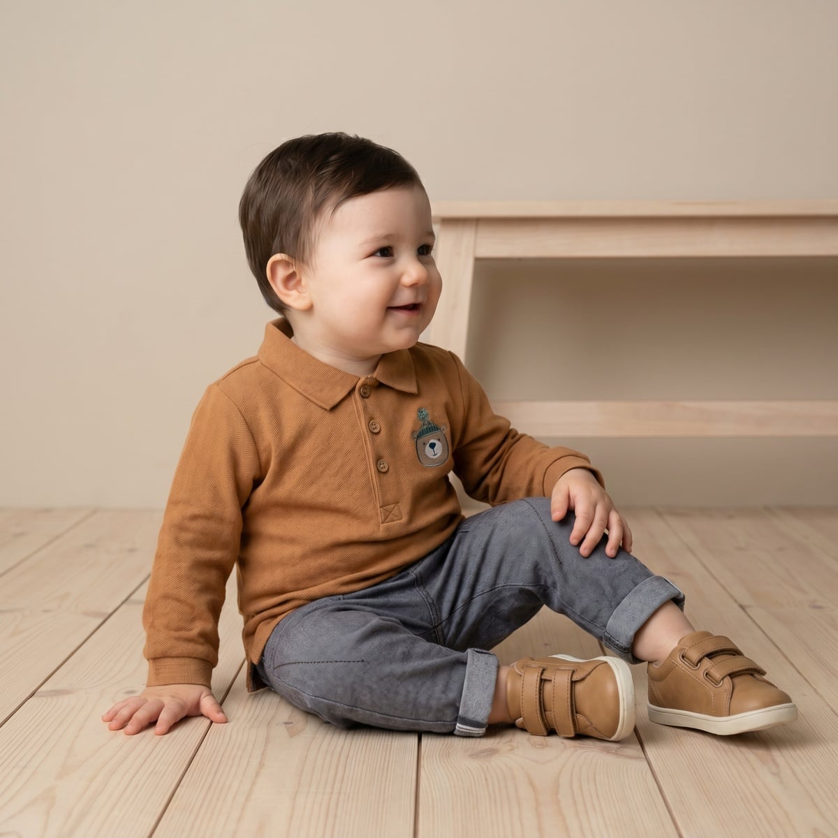 Baby Boys Rust Brown Cotton Blend Bear Embroidered Textured Full Sleeve Polo T-Shirt Regular Fit Casual Wear