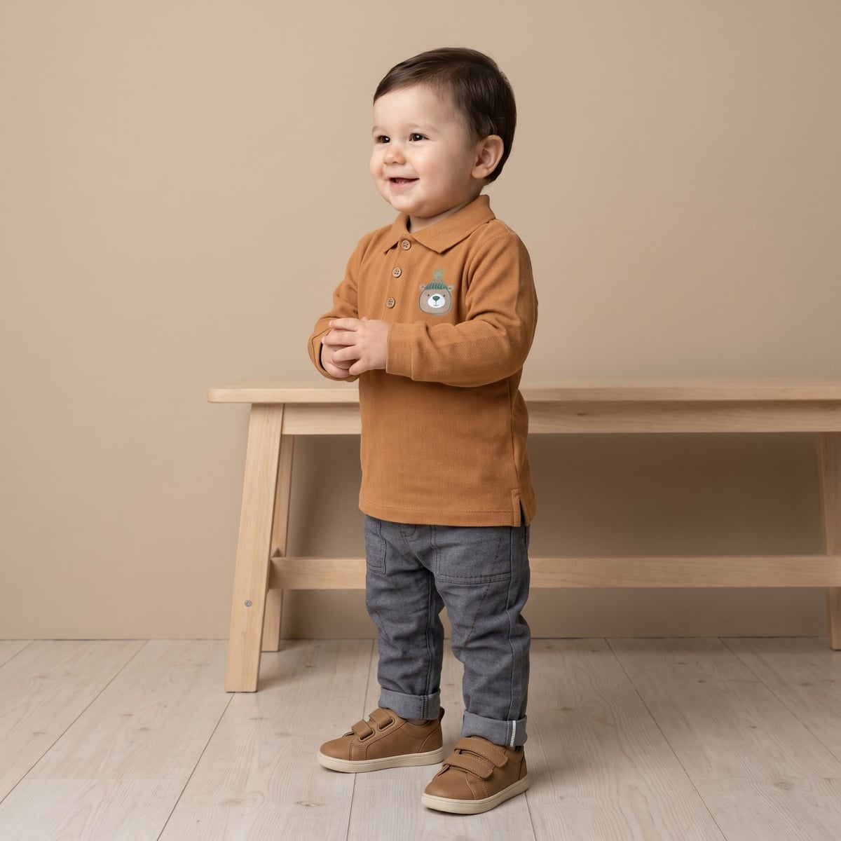Baby Boys Rust Brown Cotton Blend Bear Embroidered Textured Full Sleeve Polo T-Shirt Regular Fit Casual Wear