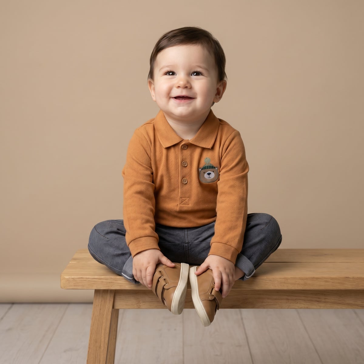 Baby Boys Rust Brown Cotton Blend Bear Embroidered Textured Full Sleeve Polo T-Shirt Regular Fit Casual Wear