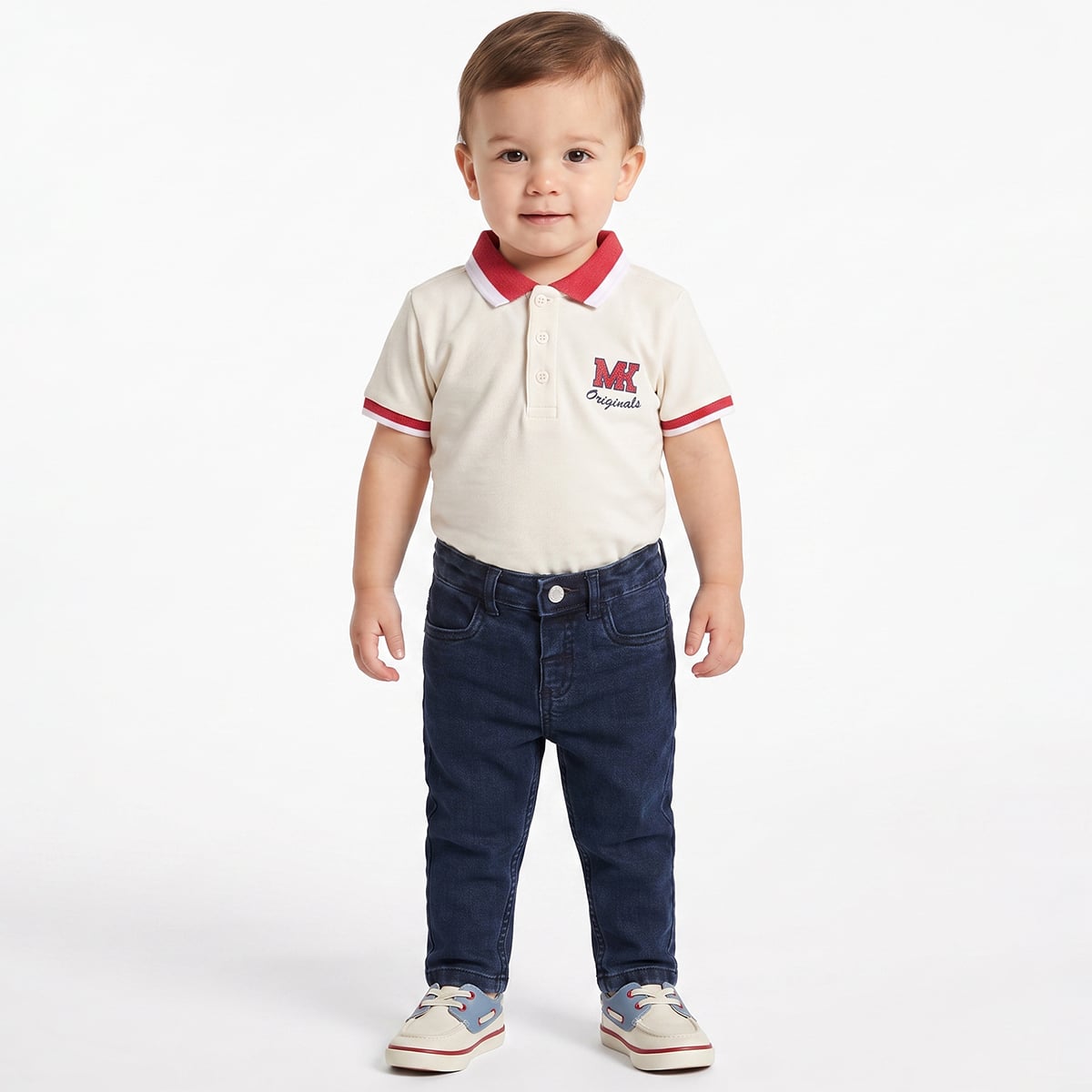 Baby Boys Off-White Cotton Embroidered Polo T-Shirt Pack Of 1 Regular Fit Casual Wear