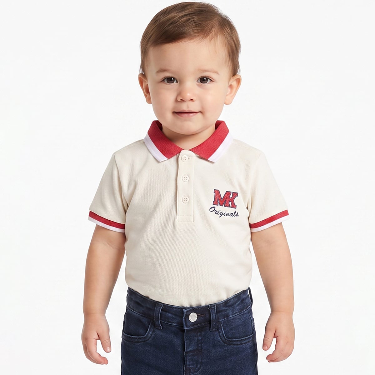 Baby Boys Off-White Cotton Embroidered Polo T-Shirt Pack Of 1 Regular Fit Casual Wear