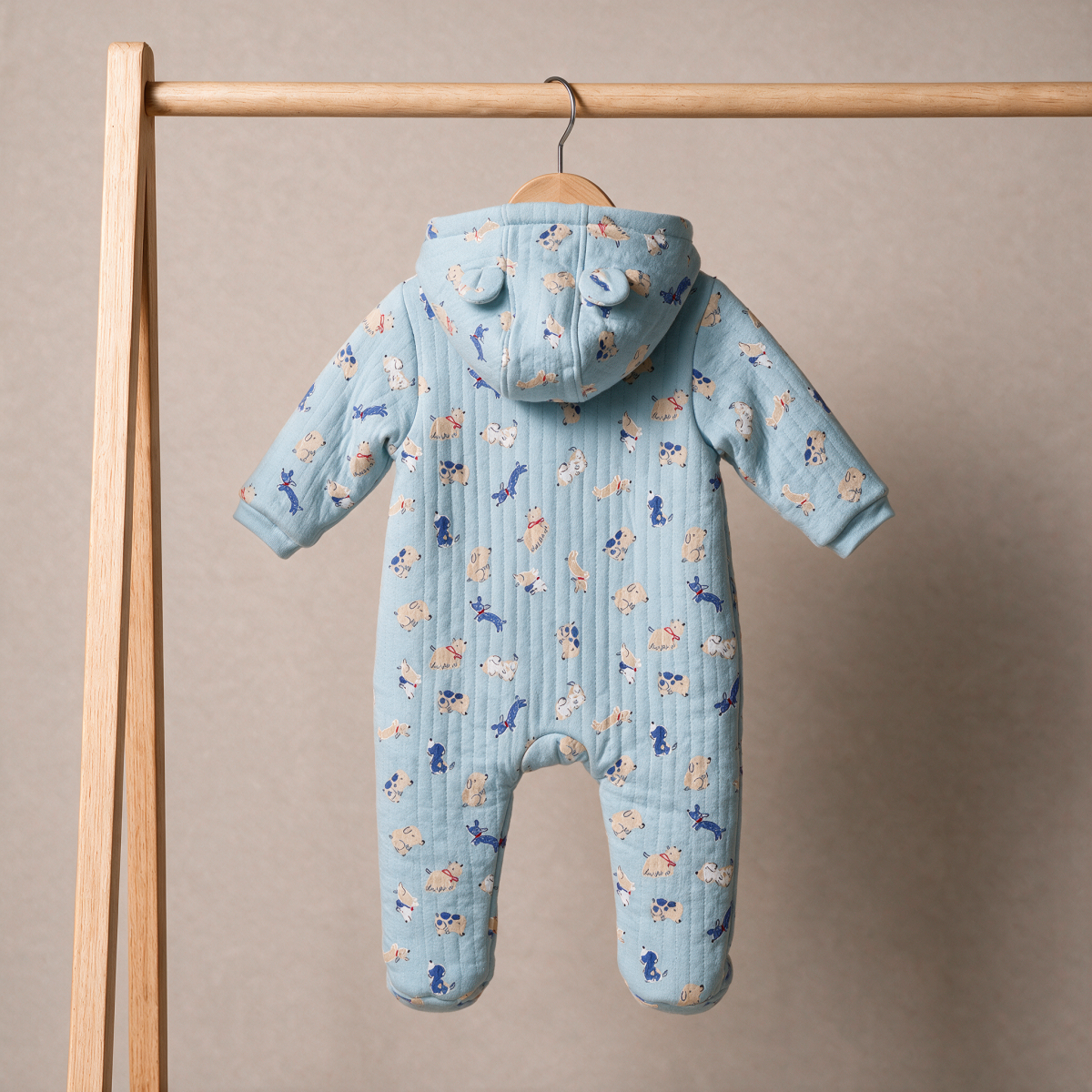 Baby Boys Light Blue Cotton Blend Dog Printed Padded Hooded Pramsuit Regular Fit Casual Wear