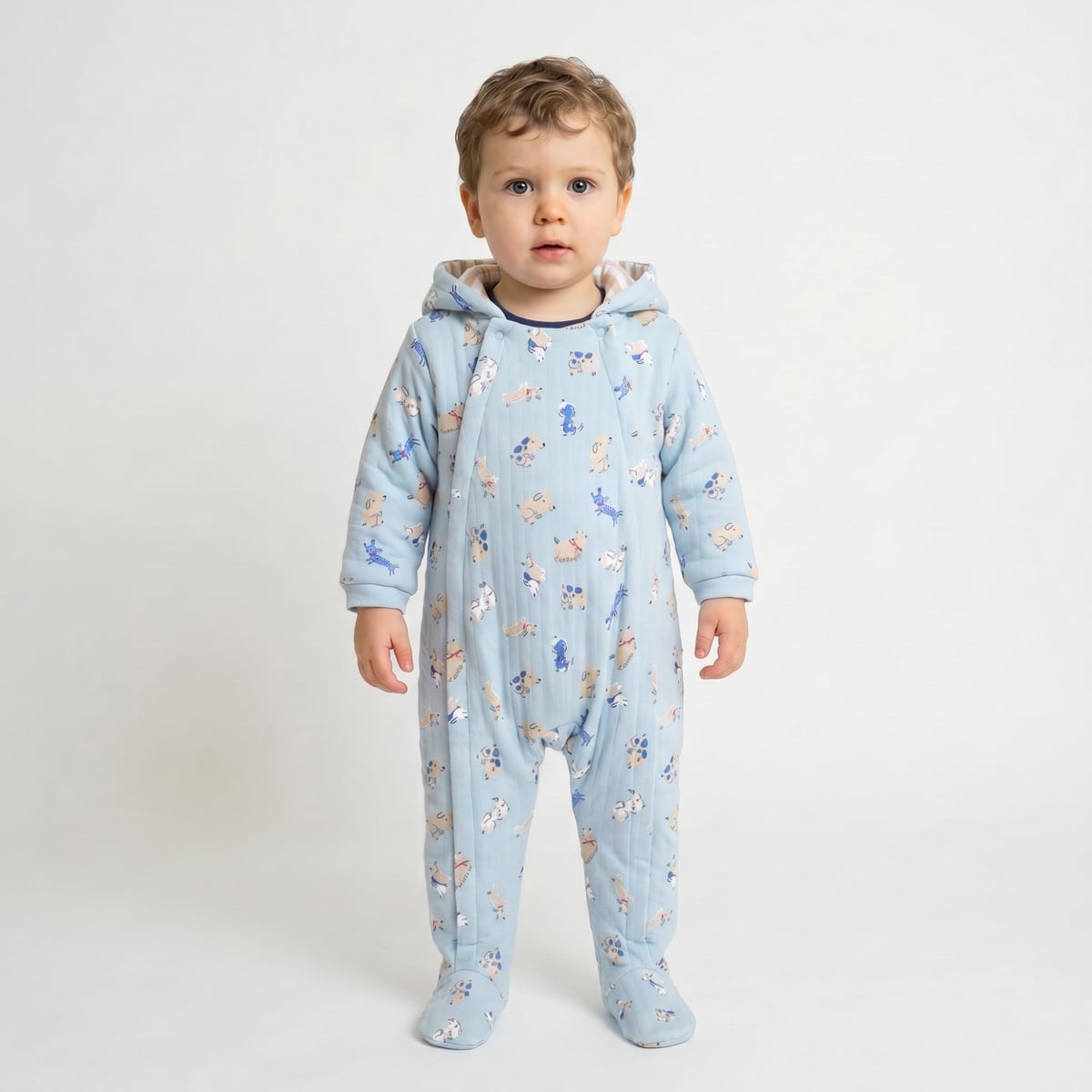 Baby Boys Light Blue Cotton Blend Dog Printed Padded Hooded Pramsuit Regular Fit Casual Wear