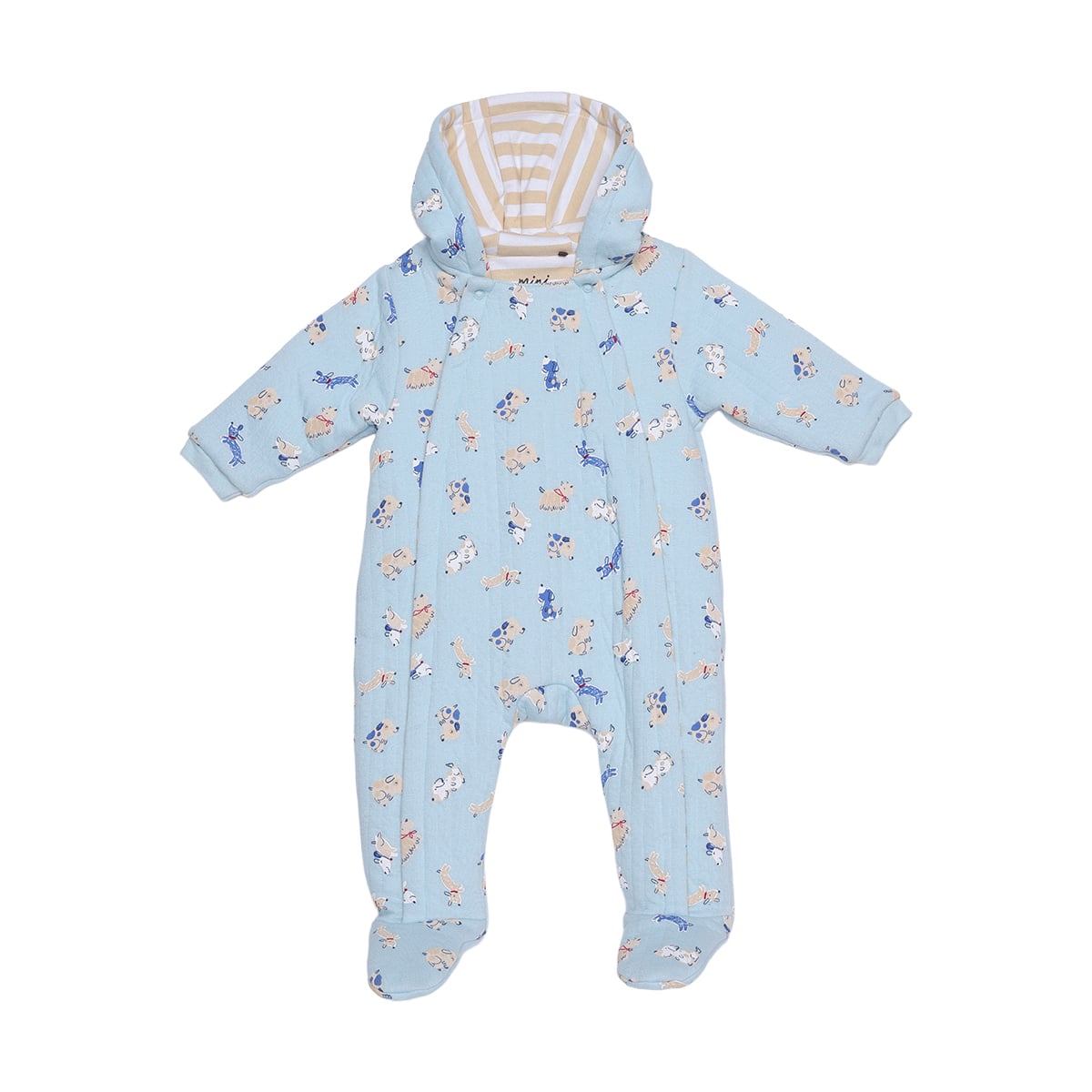 Baby Boys Light Blue Cotton Blend Dog Printed Padded Hooded Pramsuit Regular Fit Casual Wear