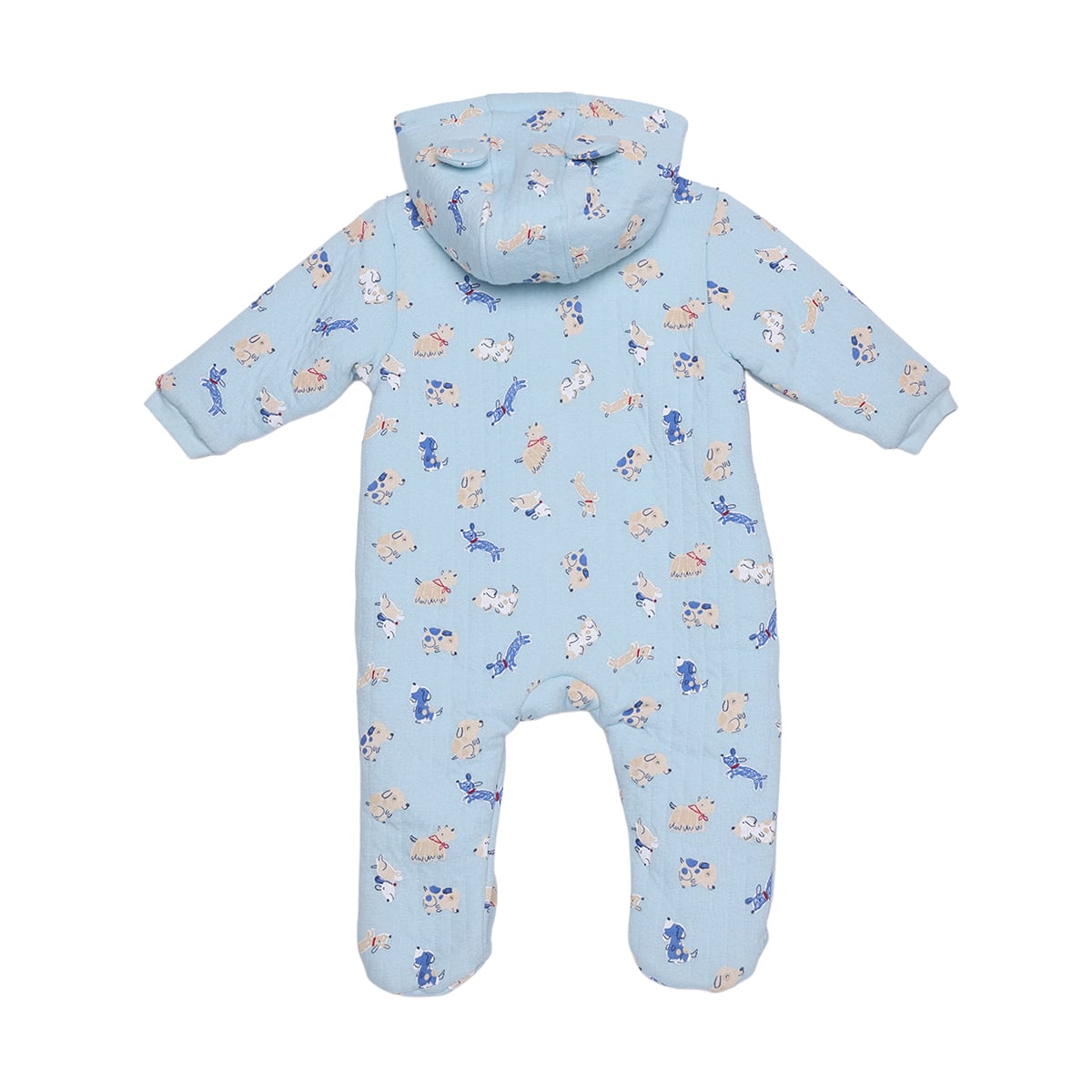 Baby Boys Light Blue Cotton Blend Dog Printed Padded Hooded Pramsuit Regular Fit Casual Wear