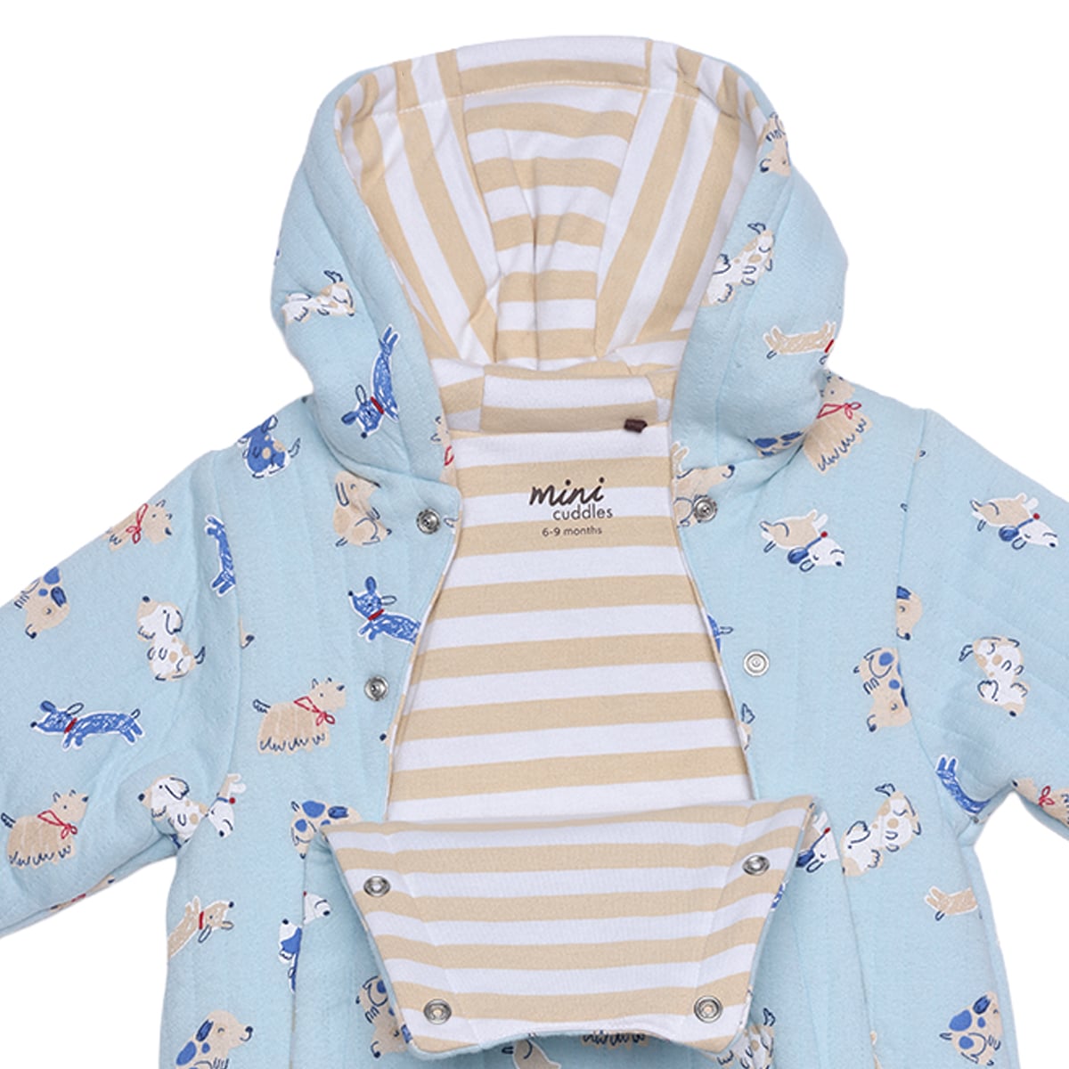 Baby Boys Light Blue Cotton Blend Dog Printed Padded Hooded Pramsuit Regular Fit Casual Wear