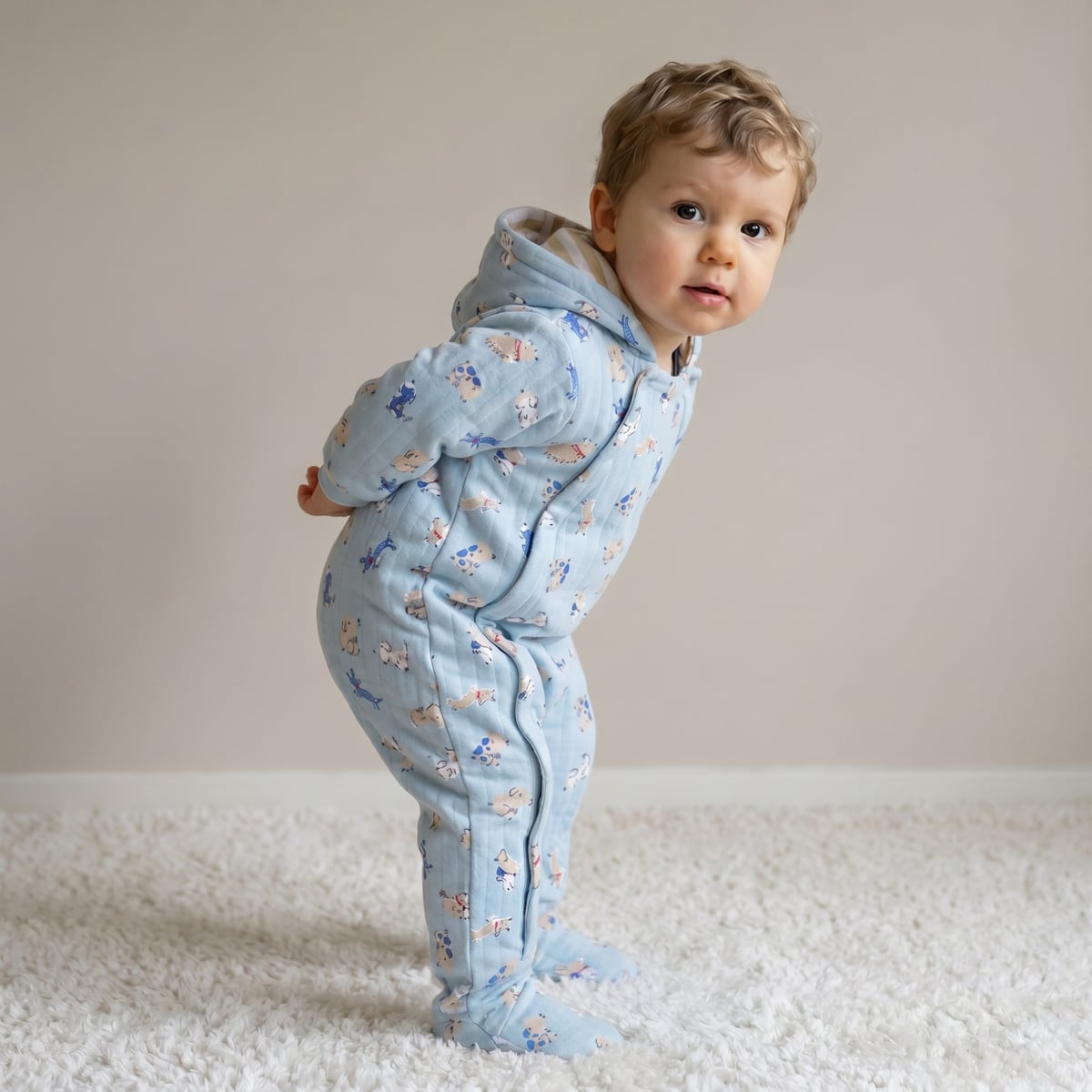 Baby Boys Light Blue Cotton Blend Dog Printed Padded Hooded Pramsuit Regular Fit Casual Wear