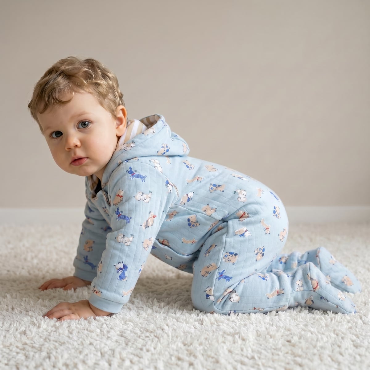 Baby Boys Light Blue Cotton Blend Dog Printed Padded Hooded Pramsuit Regular Fit Casual Wear