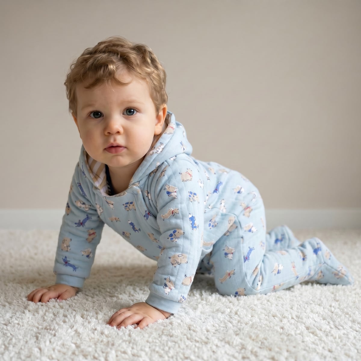 Baby Boys Light Blue Cotton Blend Dog Printed Padded Hooded Pramsuit Regular Fit Casual Wear