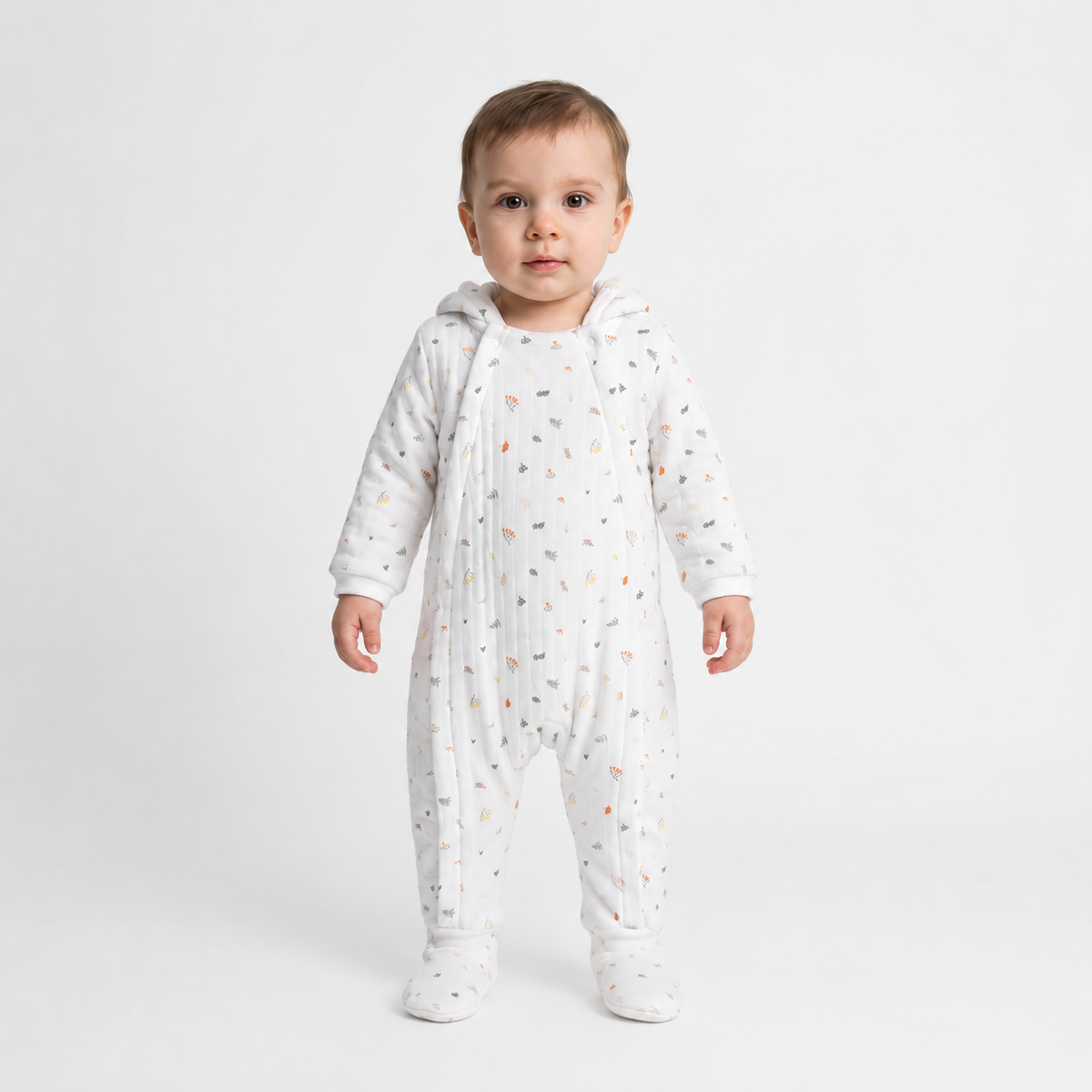 Baby Boys White Cotton Blend Botanical Printed Padded Hooded Pramsuit
