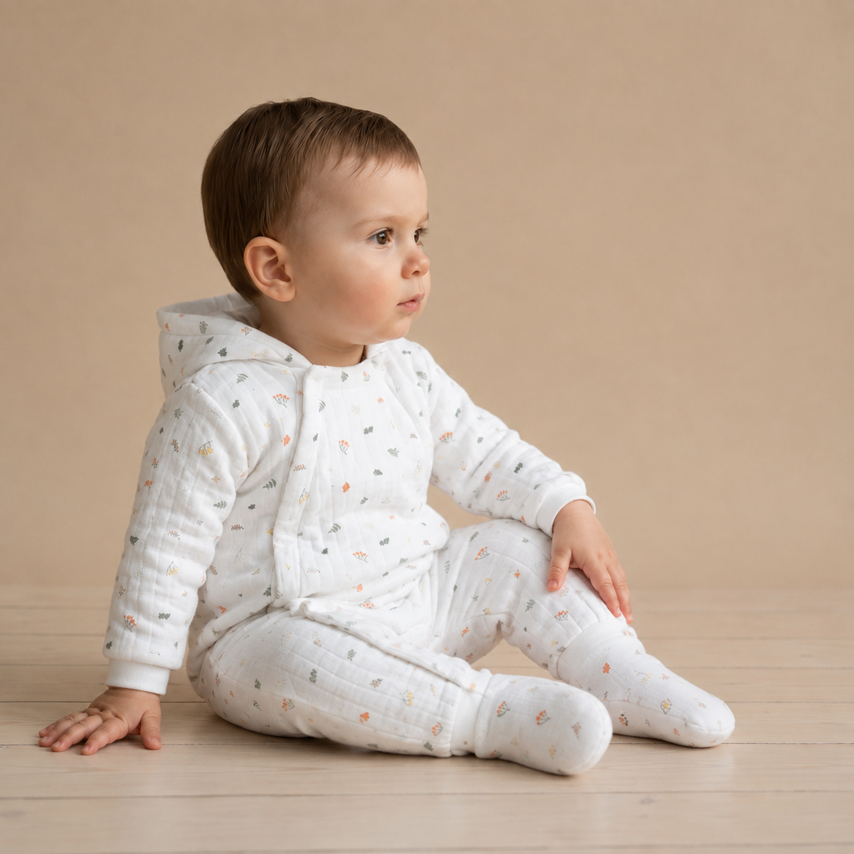 Baby Boys White Cotton Blend Botanical Printed Padded Hooded Pramsuit