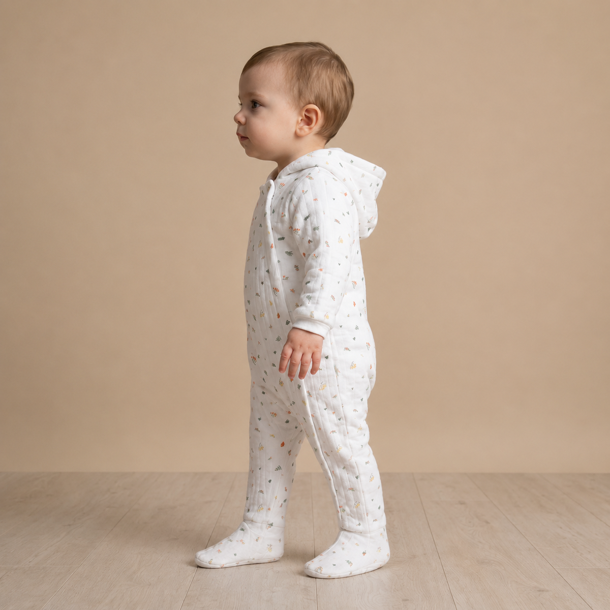 Baby Boys White Cotton Blend Botanical Printed Padded Hooded Pramsuit