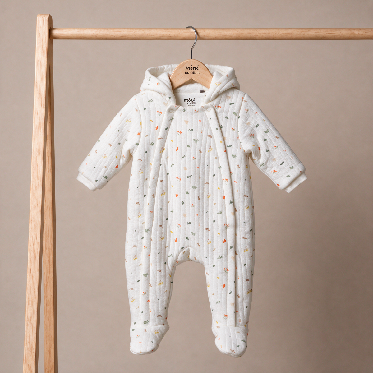 Baby Boys White Cotton Blend Botanical Printed Padded Hooded Pramsuit Regular Fit Casual Wear