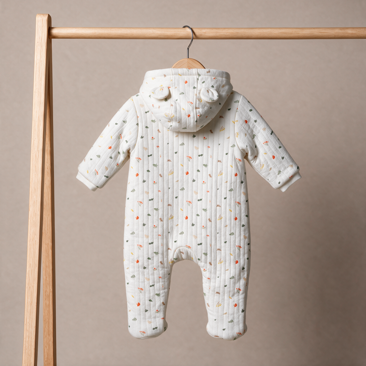 Baby Boys White Cotton Blend Botanical Printed Padded Hooded Pramsuit Regular Fit Casual Wear