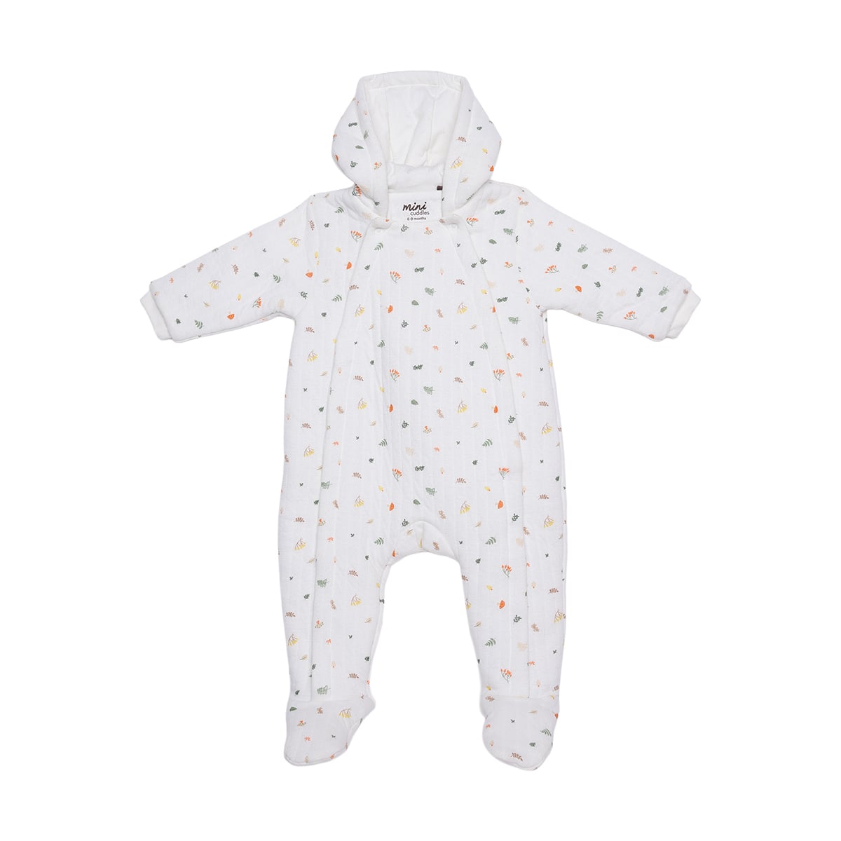Baby Boys White Cotton Blend Botanical Printed Padded Hooded Pramsuit Regular Fit Casual Wear