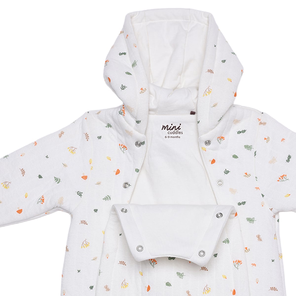 Baby Boys White Cotton Blend Botanical Printed Padded Hooded Pramsuit Regular Fit Casual Wear