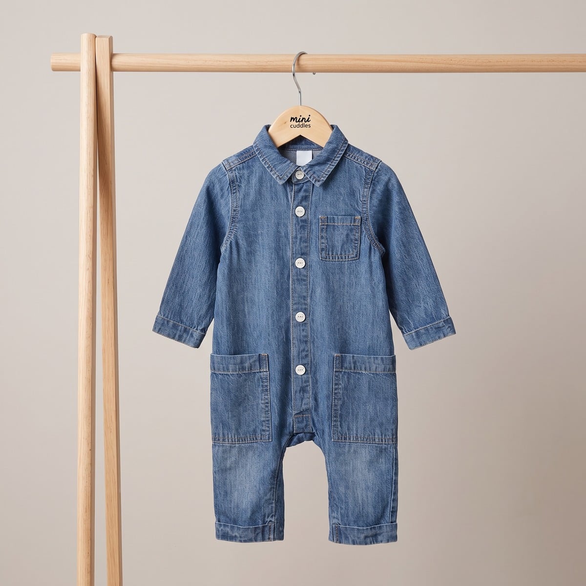 Baby Boys Blue Cotton Denim Vehicle Applique Full Sleeve Romper Regular Fit Casual Wear