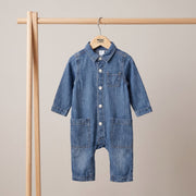 Baby Boys Blue Cotton Denim Vehicle Applique Full Sleeve Romper Regular Fit Casual Wear