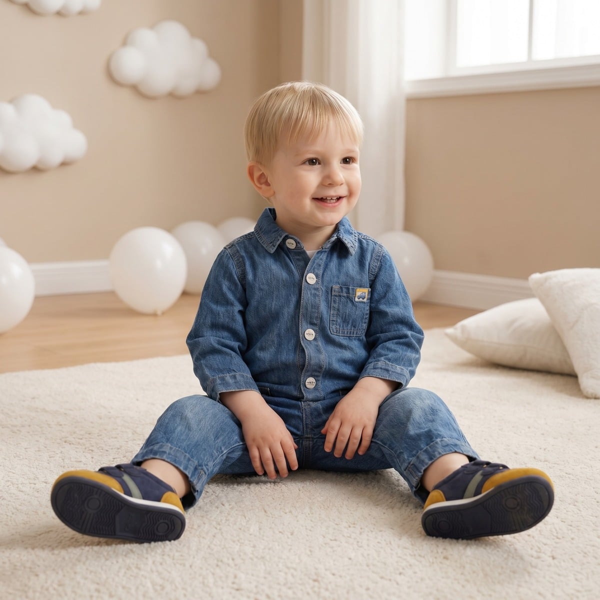 Baby Boys Blue Cotton Denim Vehicle Applique Full Sleeve Romper Regular Fit Casual Wear