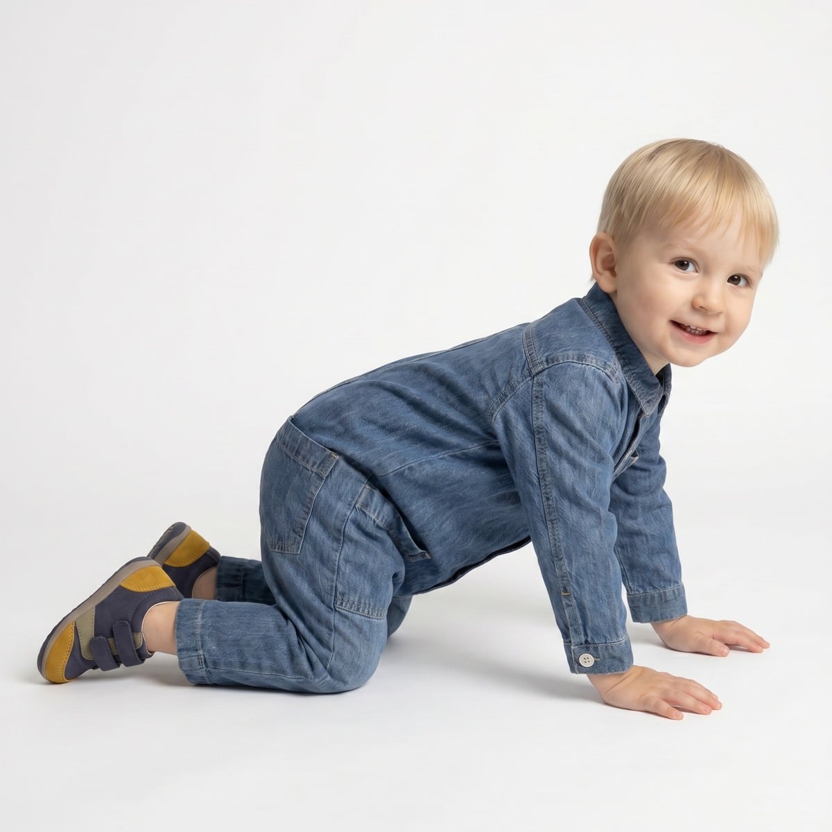 Baby Boys Blue Cotton Denim Vehicle Applique Full Sleeve Romper Regular Fit Casual Wear