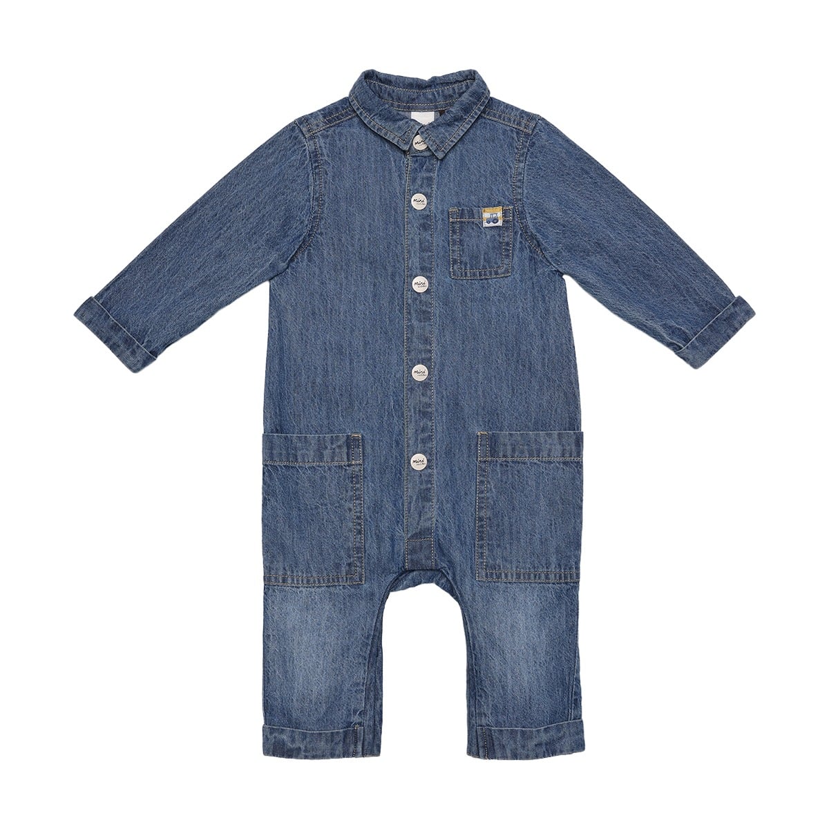 Baby Boys Blue Cotton Denim Vehicle Applique Full Sleeve Romper Regular Fit Casual Wear