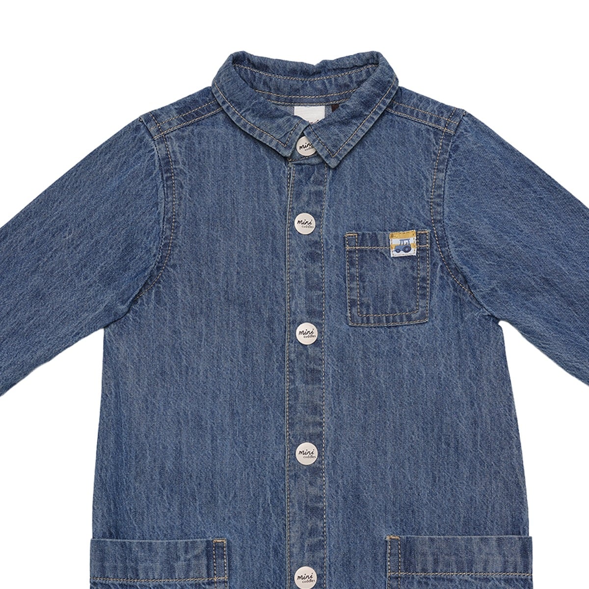 Baby Boys Blue Cotton Denim Vehicle Applique Full Sleeve Romper Regular Fit Casual Wear