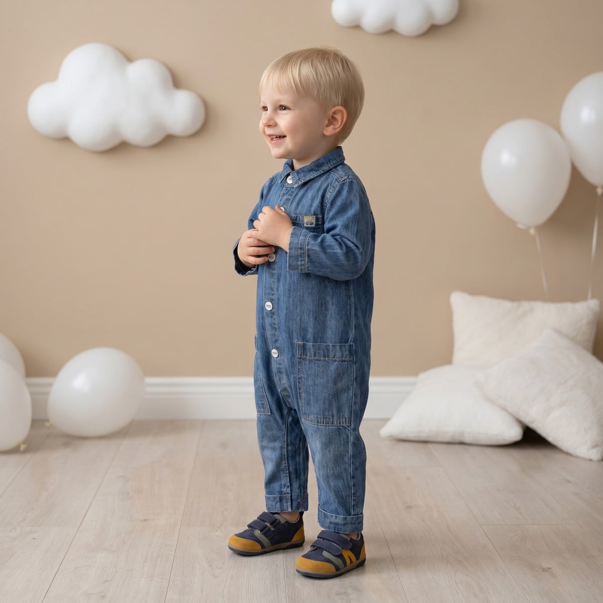 Baby Boys Blue Cotton Denim Vehicle Applique Full Sleeve Romper Regular Fit Casual Wear