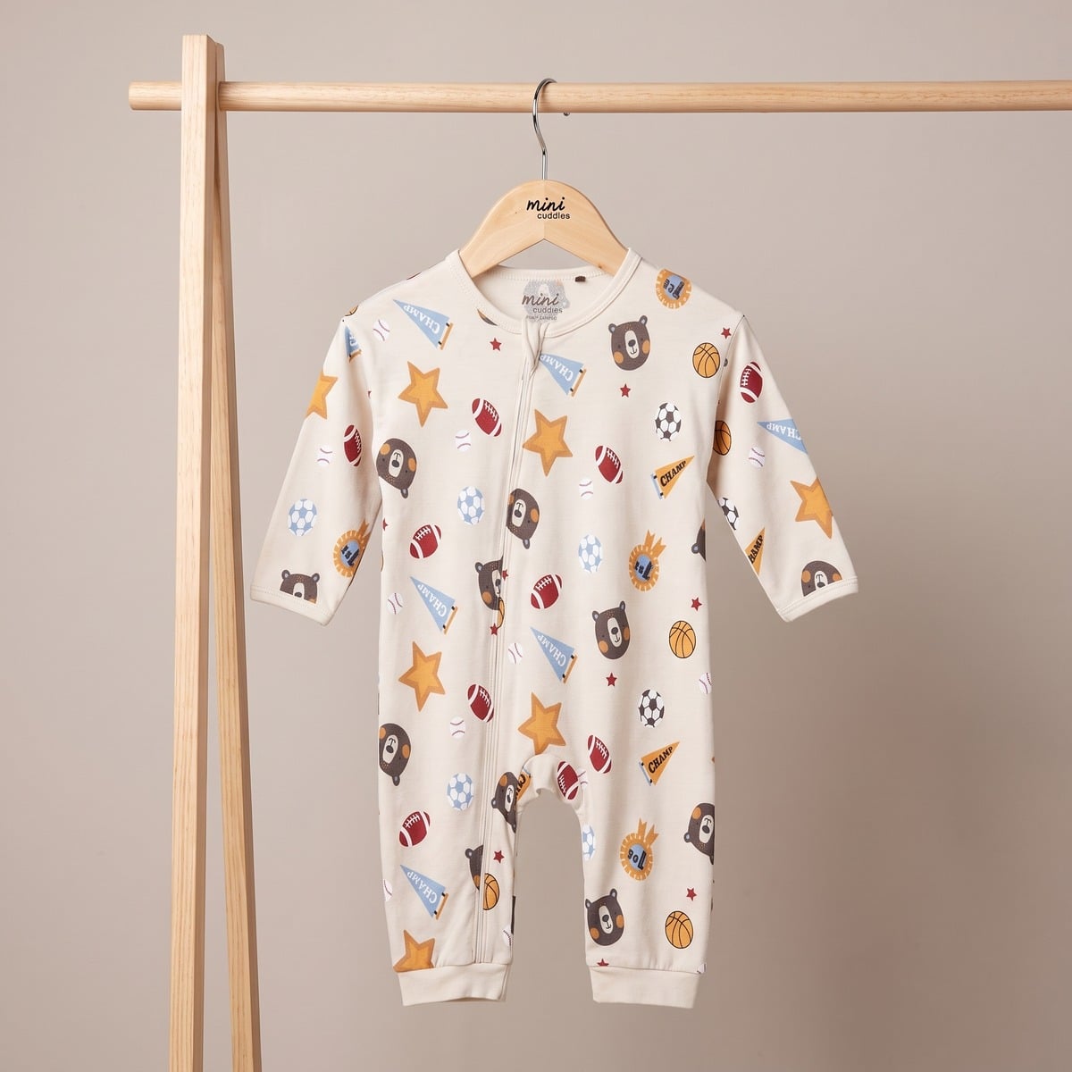 Baby Boys Beige Cotton Blend Sports And Bear Printed Full Sleeve Romper Regular Fit Casual Wear