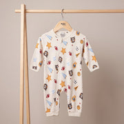Baby Boys Beige Cotton Blend Sports And Bear Printed Full Sleeve Romper Regular Fit Casual Wear