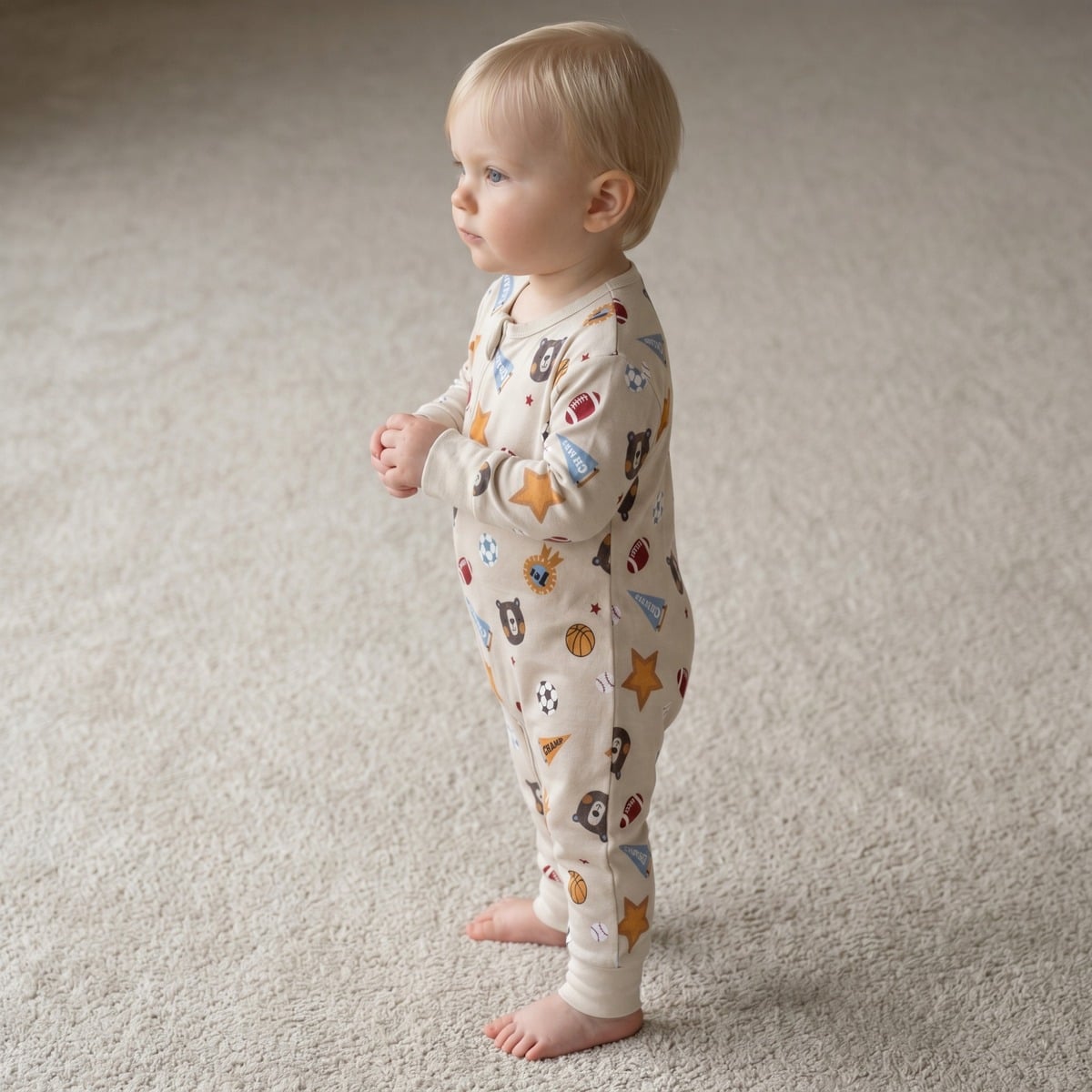 Baby Boys Beige Cotton Blend Sports And Bear Printed Full Sleeve Romper Regular Fit Casual Wear