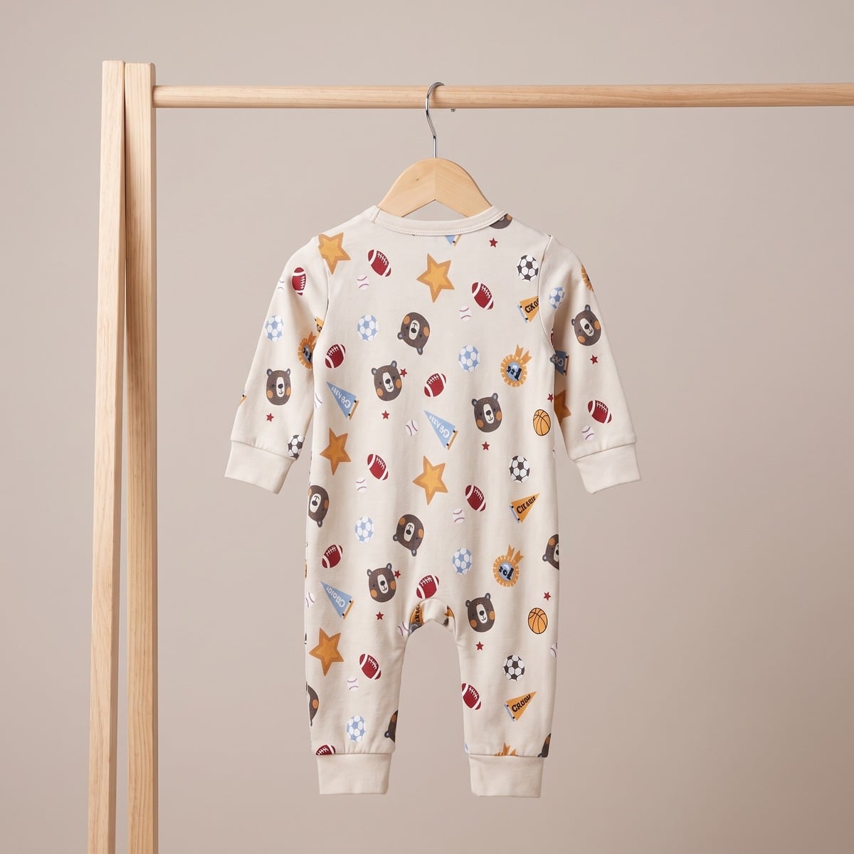 Baby Boys Beige Cotton Blend Sports And Bear Printed Full Sleeve Romper Regular Fit Casual Wear