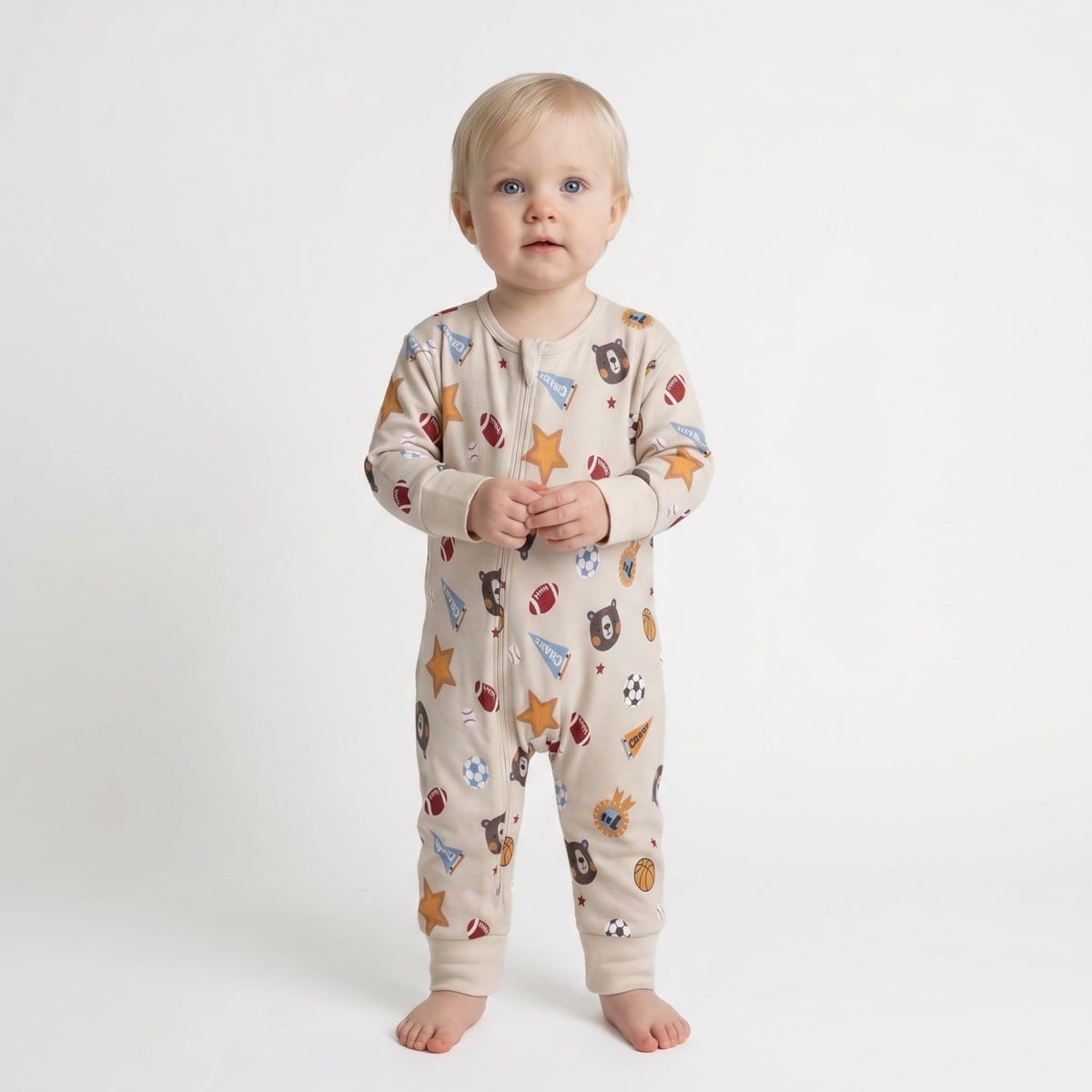 Baby Boys Beige Cotton Blend Sports And Bear Printed Full Sleeve Romper Regular Fit Casual Wear