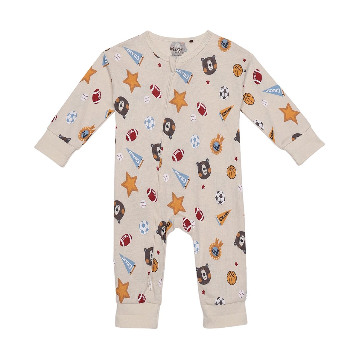 Baby Boys Beige Cotton Blend Sports And Bear Printed Full Sleeve Romper Regular Fit Casual Wear