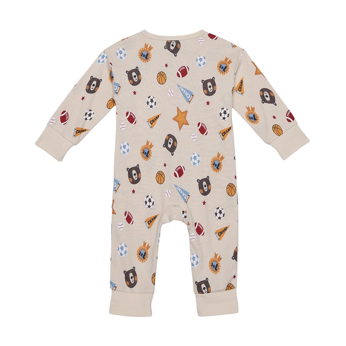 Baby Boys Beige Cotton Blend Sports And Bear Printed Full Sleeve Romper Regular Fit Casual Wear