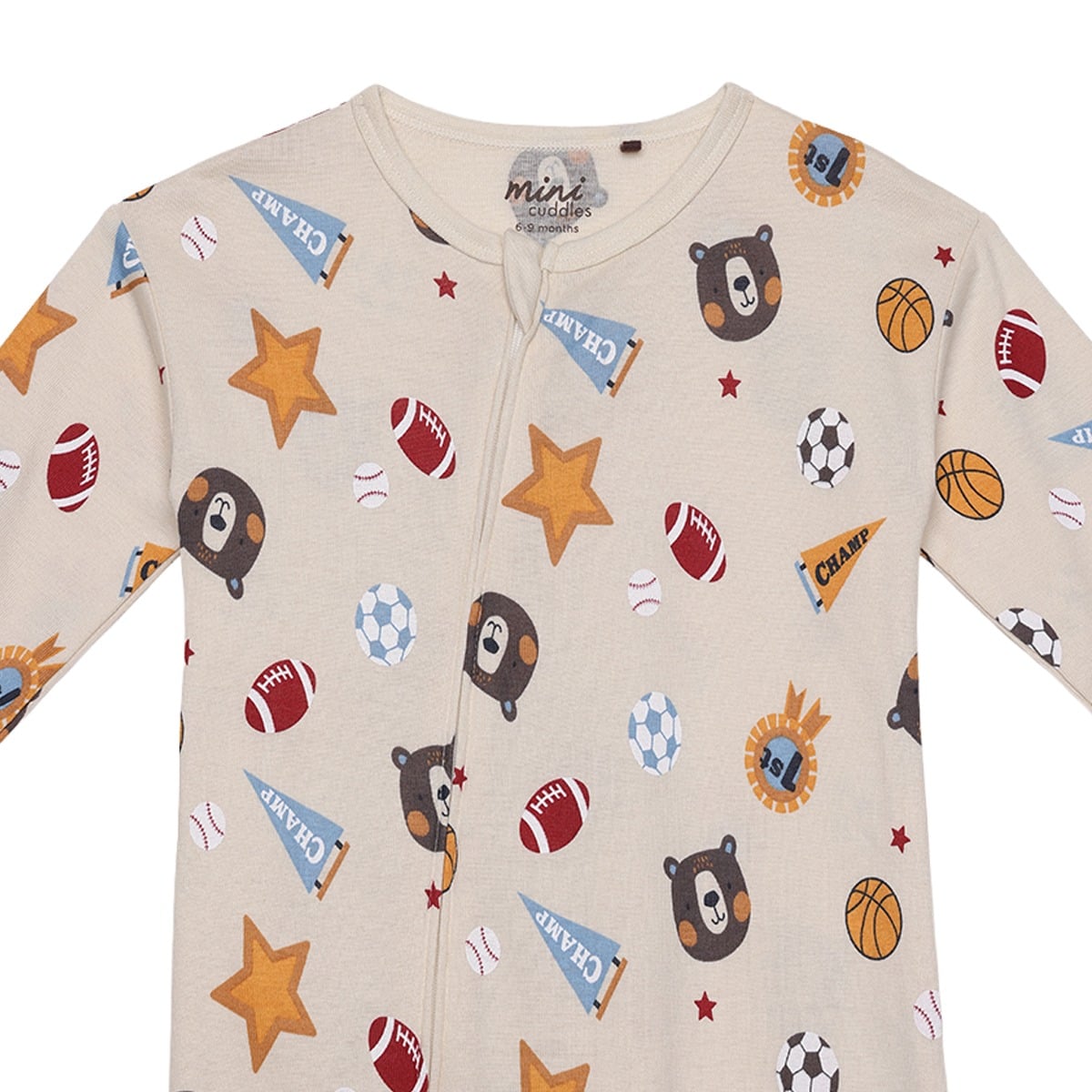 Baby Boys Beige Cotton Blend Sports And Bear Printed Full Sleeve Romper Regular Fit Casual Wear
