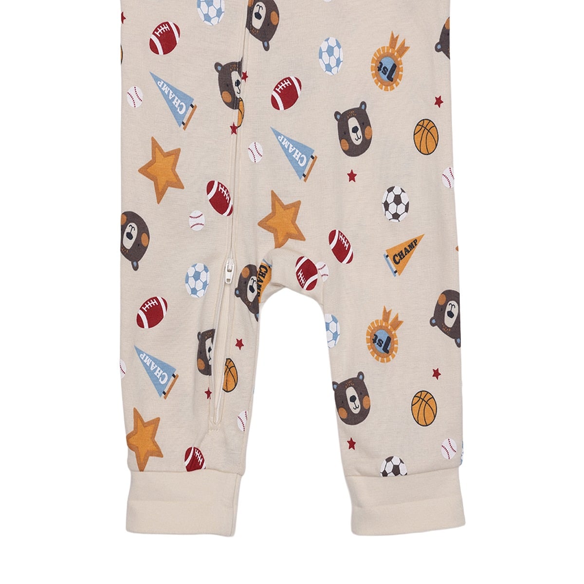 Baby Boys Beige Cotton Blend Sports And Bear Printed Full Sleeve Romper Regular Fit Casual Wear