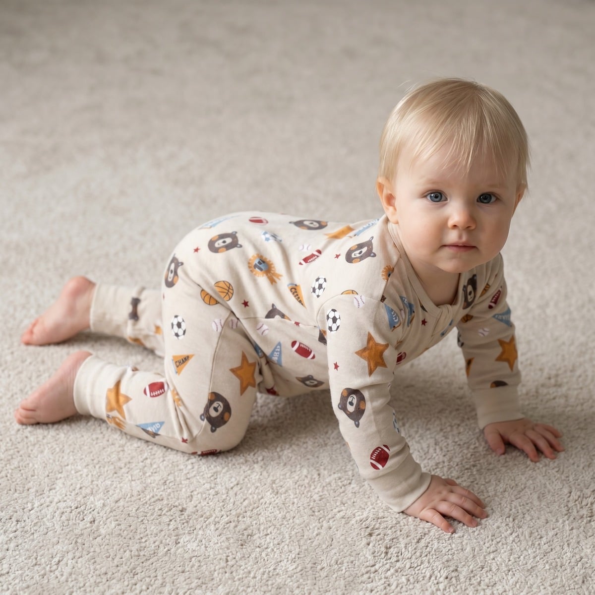 Baby Boys Beige Cotton Blend Sports And Bear Printed Full Sleeve Romper Regular Fit Casual Wear