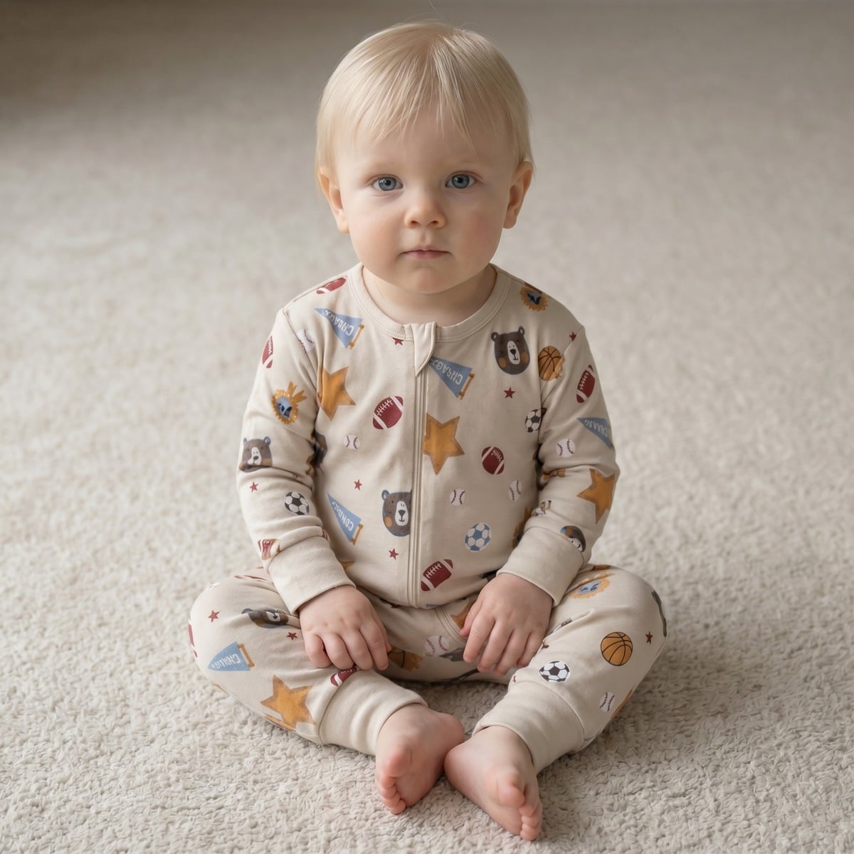 Baby Boys Beige Cotton Blend Sports And Bear Printed Full Sleeve Romper Regular Fit Casual Wear