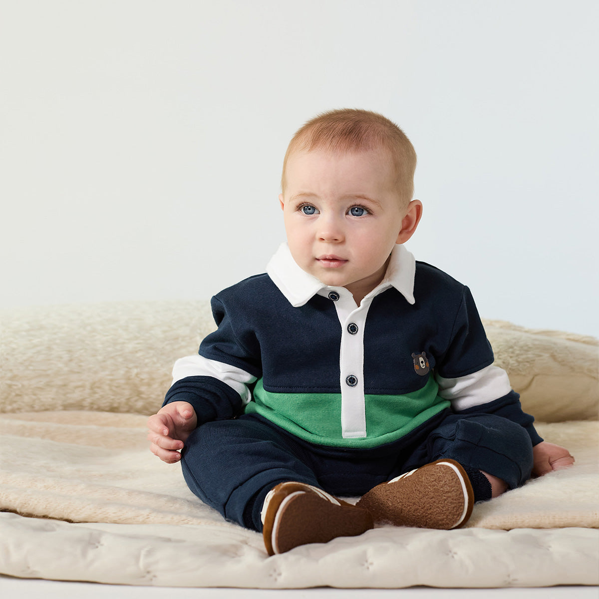Baby Boys Navy Blue Green And White Cotton Blend Colour Block Full Sleeve Polo Romper Regular Fit Casual Wear