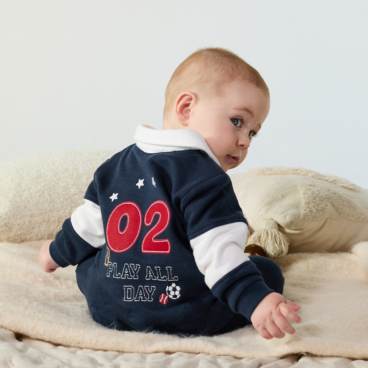 Baby Boys Navy Blue Green And White Cotton Blend Colour Block Full Sleeve Polo Romper Regular Fit Casual Wear