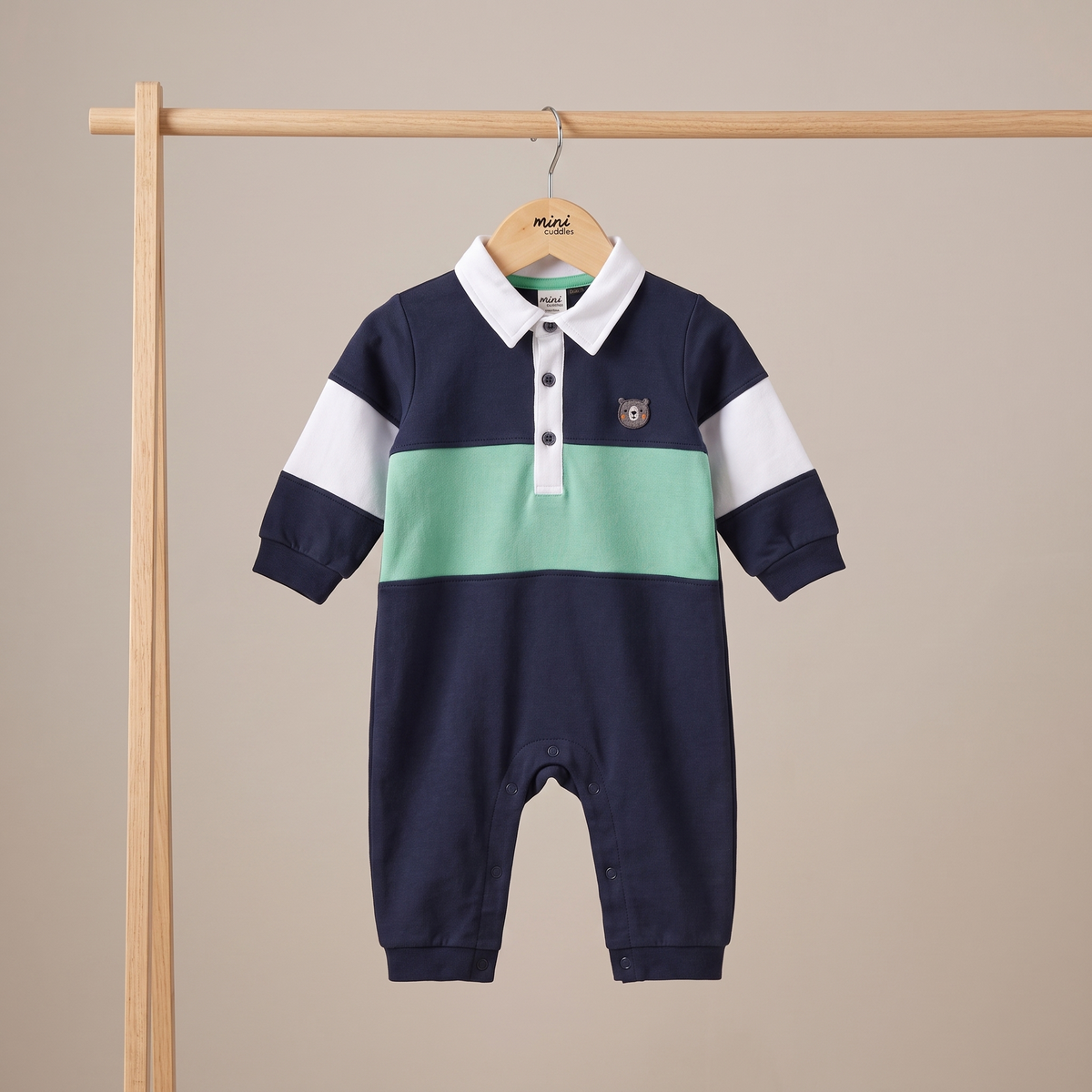 Baby Boys Navy Blue Green And White Cotton Blend Colour Block Full Sleeve Polo Romper Regular Fit Casual Wear