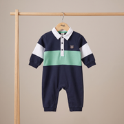 Baby Boys Navy Blue Green And White Cotton Blend Colour Block Full Sleeve Polo Romper Regular Fit Casual Wear