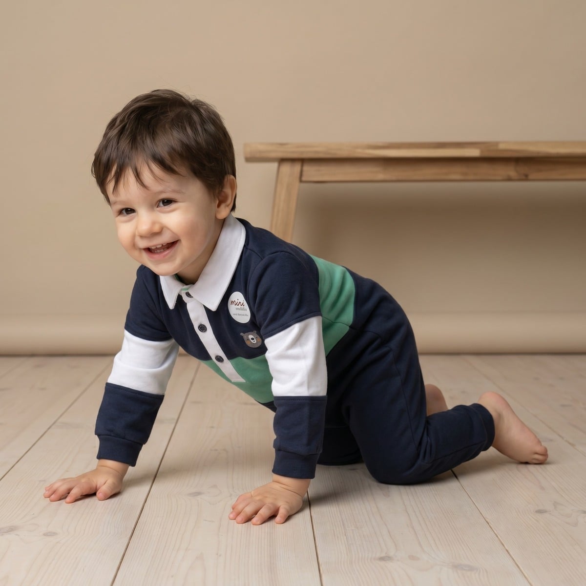 Baby Boys Navy Blue Green And White Cotton Blend Colour Block Full Sleeve Polo Romper Regular Fit Casual Wear