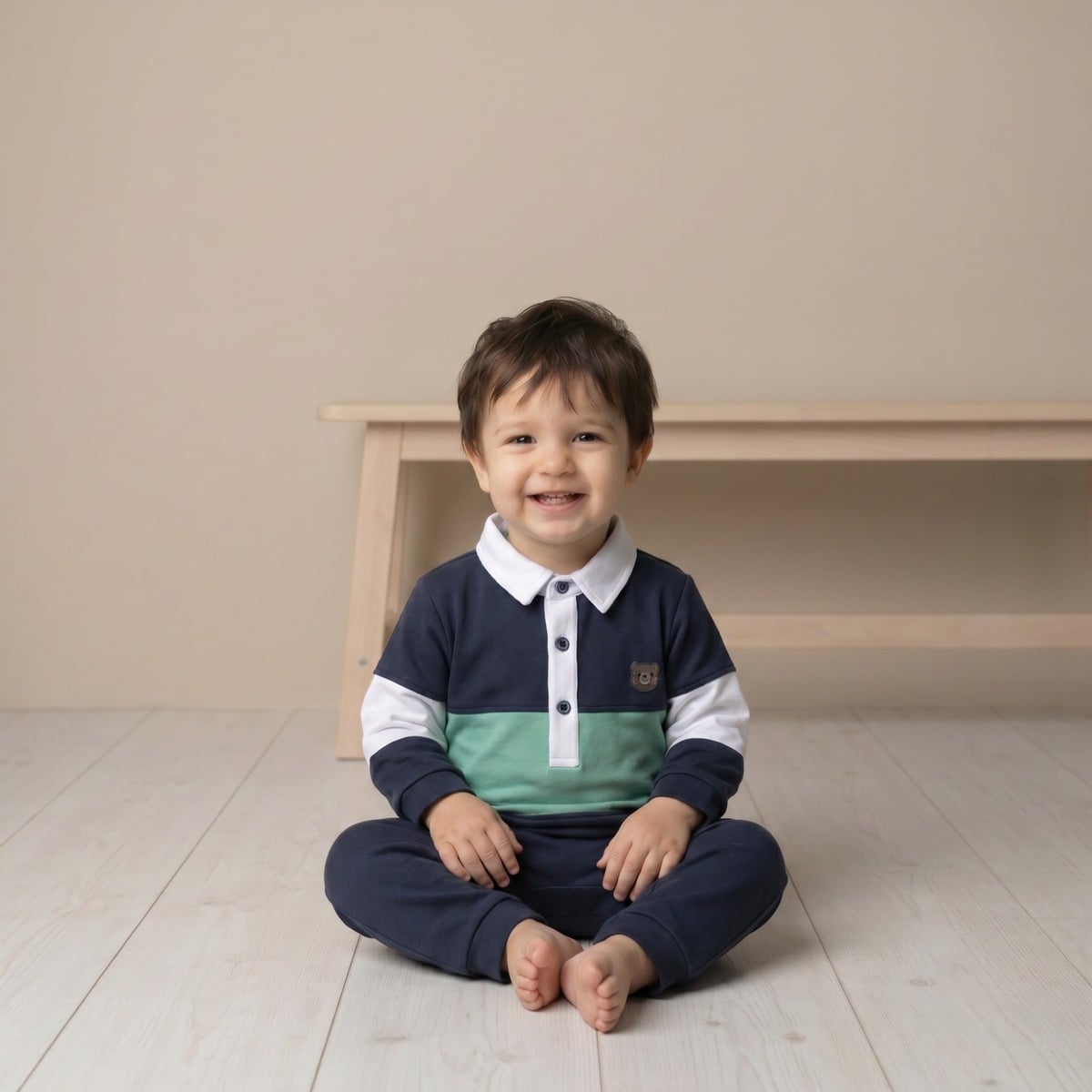 Baby Boys Navy Blue Green And White Cotton Blend Colour Block Full Sleeve Polo Romper Regular Fit Casual Wear