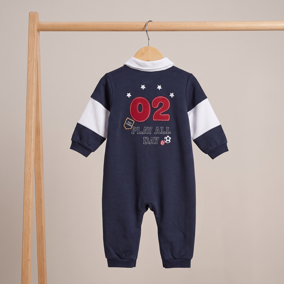 Baby Boys Navy Blue Green And White Cotton Blend Colour Block Full Sleeve Polo Romper Regular Fit Casual Wear