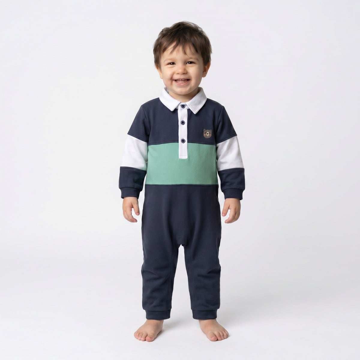 Baby Boys Navy Blue Green And White Cotton Blend Colour Block Full Sleeve Polo Romper Regular Fit Casual Wear