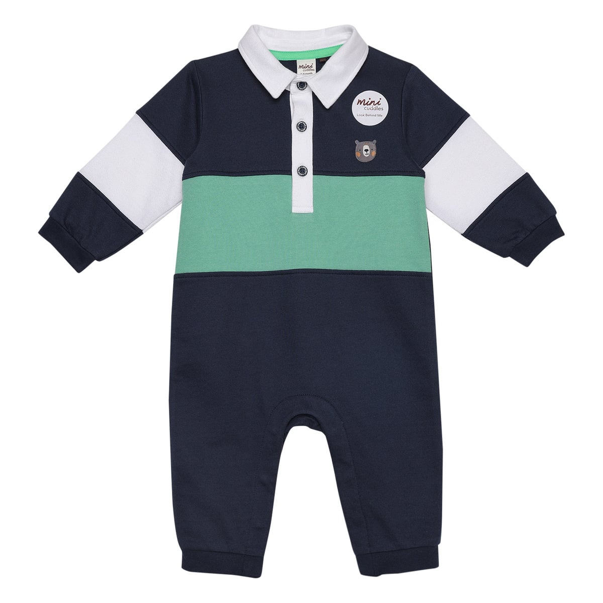 Baby Boys Navy Blue Green And White Cotton Blend Colour Block Full Sleeve Polo Romper Regular Fit Casual Wear